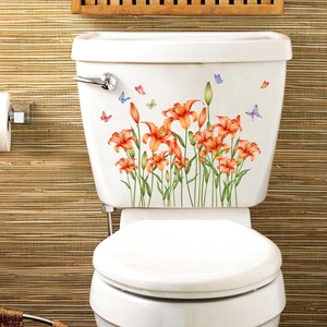 Vibrant orange lily flowers and colorful butterflies wall sticker for toilet decoration