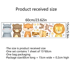 Detailed 15x60cm layout of cartoon animals and stars wall stickers for kids room decoration