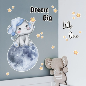 Detail of baby elephant on moon wall decal with Dream Big Little One quote