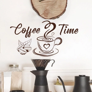 Modern Coffee Time wall decal with steaming cup and coffee beans for kitchen decor
