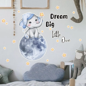 Macro detail of cartoon elephant sitting on moon wall decal with Dream Big text