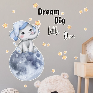 Detail of baby elephant and moon wall stickers with Dream Big Little One quote