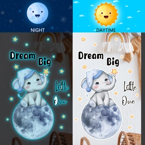 Glow-in-the-dark elephant moon and stars wall decals for kids' room nighttime wall decor