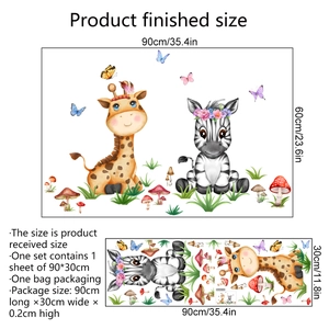 Cartoon giraffe and zebra wall stickers with mushroom and butterfly accents for kids room
