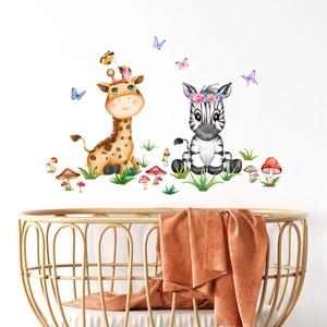 Cartoon Animal Wall Stickers PVC Self Adhesive Watercolor Giraffe Zebra Butterfly Kids Room Nursery Home Decor