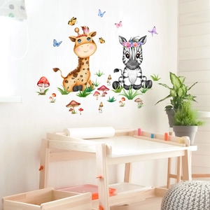 Watercolor cartoon giraffe and zebra wall stickers set with butterflies for kids room