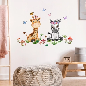 Watercolor cartoon animal wall stickers featuring giraffe and zebra for nursery decor