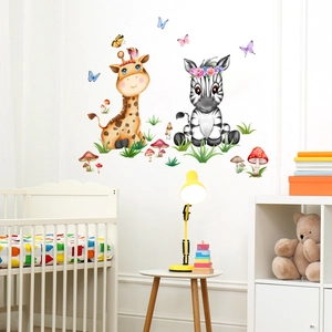Watercolor cartoon animal wall stickers with giraffes and butterflies in a nursery