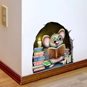 3D cartoon mouse hole wall sticker with reading mouse and books for room corner decor