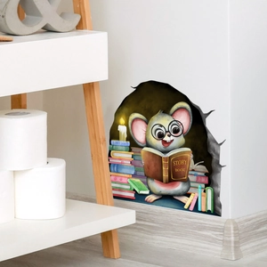 3D cartoon mouse reading books in hole wall sticker for living room home decor