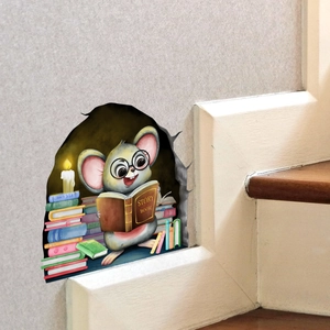 3D cartoon mouse hole wall sticker featuring a mouse reading books for room decoration