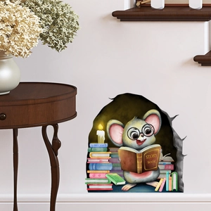 Detail of 3D mouse hole wall sticker featuring a cute mouse reading a book by candlelight