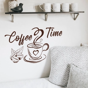 Artistic Coffee Time wall decal with coffee cup and beans on white background wall