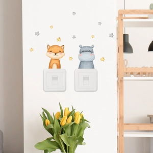 Cartoon fox and hippo wall stickers for light switch decoration in warm living rooms