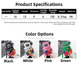 Detailed size chart and specifications for the colorful checkered mini cylinder bag