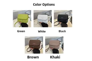 Collage of five matte leather crossbody bags in green, white, black, brown and khaki