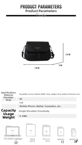 Detailed size chart for black checkered crossbody bag measuring 19x15x7cm with PU material