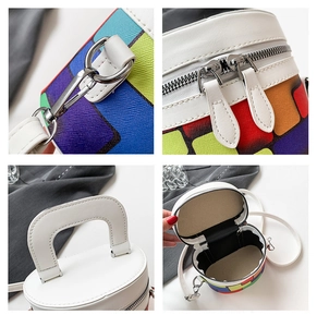 Detailed views of colorful checkered cylinder bag featuring silver hardware and white handles