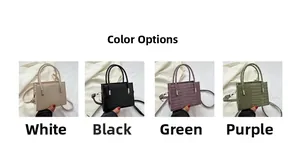 Four colors of crocodile pattern crossbody bags including white black purple and green