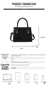 Size chart for black crocodile embossed PU handbag with dimensions and capacity details