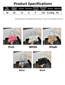 Detail view of ruched cloud bags in five colors with rhinestone handles and chain straps