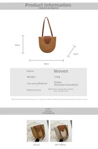 Detail view of woven shoulder bag showing dimensions and leather strap specifications