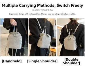 Detailed views of silver rhinestone mini backpack as handheld, shoulder and backpack style