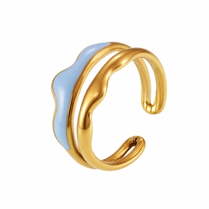 Polished gold-plated wavy double-layer open ring with blue enamel detailing for women