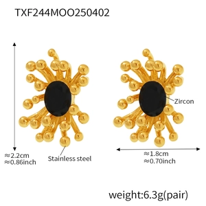 Detail view of gold stainless steel flower earrings with black zircon stones and dimensions