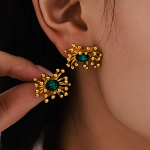 18K gold plated sunburst earrings with green gemstone inlay and beaded design