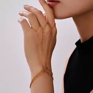 Stainless Steel Hand Chain 18K Gold Plated Bead Chain Hand Harness Finger Ring Jewelry For Women Elegant Bohemian Style