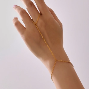 18k gold plated stainless steel finger ring bracelet with delicate beads for women