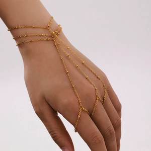 Chic 18K gold plated stainless steel bead chain finger bracelet and ring set for women