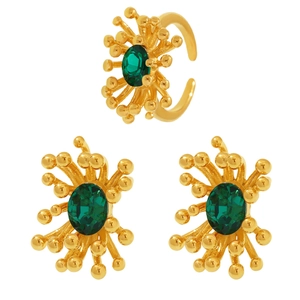 18K gold plated flower jewelry set with green zircon ring and stud earrings
