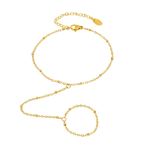 Adjustable 18k gold plated stainless steel bead finger chain ring bracelet for women