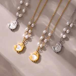Edelstahl Halskette Mit Süßwasserperle Und Muschel Küken Anhänger Gold Silber Plattiert Schicker Schmuck Für Damen