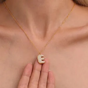 Collier Pendentif Initiale Acier Inoxydable 5A Zircon Pavé Lettre Alphabet Puffy Bijoux Mode Hip Hop Pour Femmes