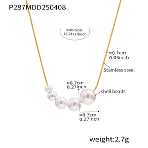 Detailed view of gold stainless steel necklace featuring five aligned shell beads with dimensions