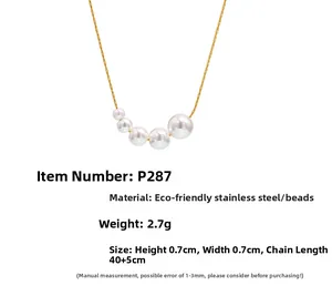 Detail of gold stainless steel necklace featuring five graduated white shell pearls