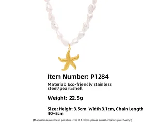 Detail of starfish pendant on a baroque pearl necklace with stainless steel gold plating
