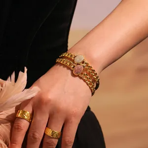 Stainless Steel Bangle Bracelet Curb Chain Oval Pave Cubic Zirconia Luxury Gold Plated Fashion Jewelry For Women