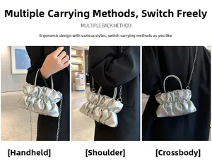 Three-way carry modes of the silver pleated cloud bag with chain and rhinestone handle