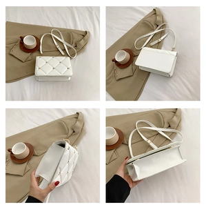 Detailed views of white quilted crossbody bag with gold studs and flap closure