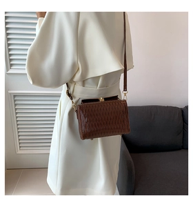 Vue détaillée du sac cylindre plissé marron foncé avec finitions en métal doré