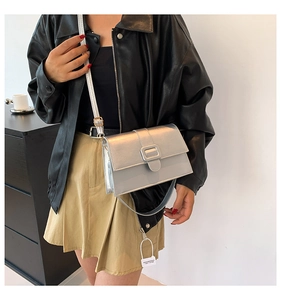 Silver square crossbody bag detail with metallic matte finish and gold hardware accents