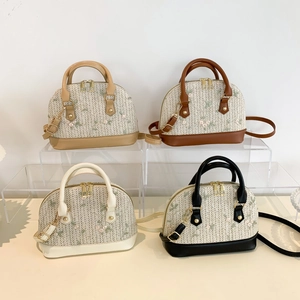 Handmade straw shell handbag with floral embroidery and PU leather trim in four colors