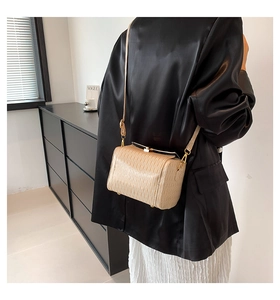 Dettaglio borsa a tracolla beige plissettata con fibbia dorata su blazer nero elegante