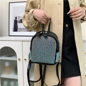 Fashionable mini black backpack with holographic rhinestones and adjustable straps
