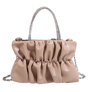 Chic pleated cloud bag with rhinestone U-handle and delicate silver chain strap