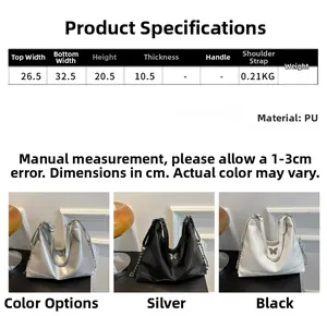 Size guide for PU leather tote bag with dimensions and weight specs in three colors
